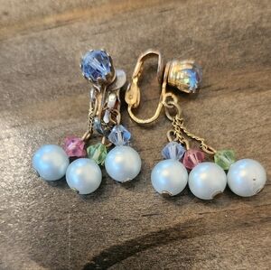 Vintage Inspired Gold-Tone Blue Pearl Dangle Clip-On Earrings